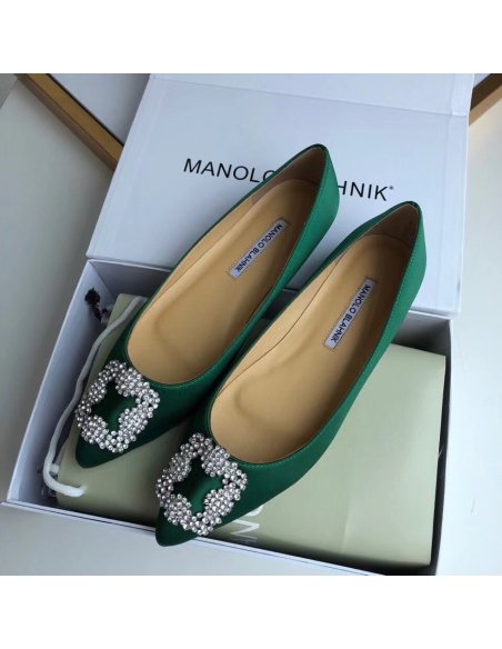Cheap Reps Manolo Blahnik Hangisi Flats In Green Satin with Crystal Buckle