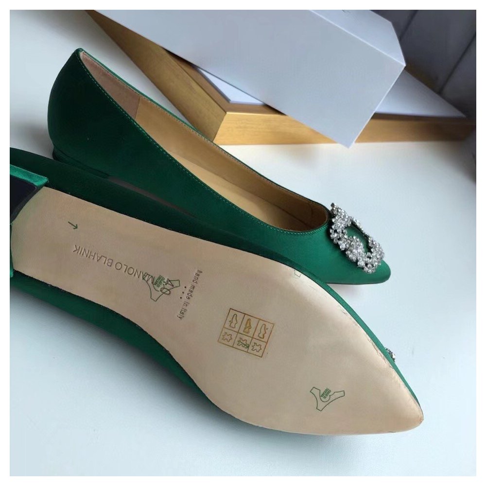 Cheap Reps Manolo Blahnik Hangisi Flats In Green Satin with Crystal Buckle