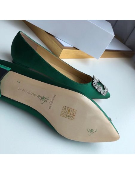 Cheap Reps Manolo Blahnik Hangisi Flats In Green Satin with Crystal Buckle
