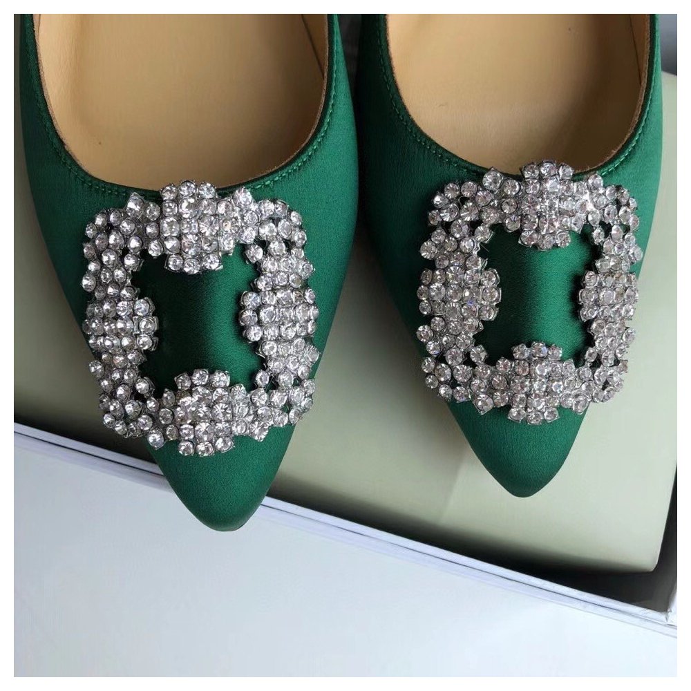 Cheap Reps Manolo Blahnik Hangisi Flats In Green Satin with Crystal Buckle