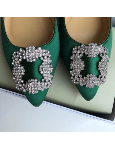 Cheap Reps Manolo Blahnik Hangisi Flats In Green Satin with Crystal Buckle