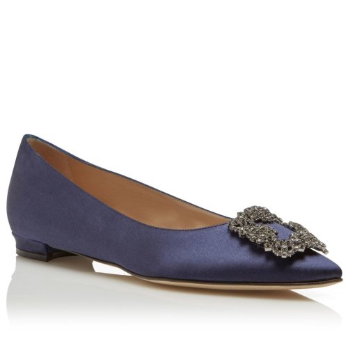 Cheap Reps Manolo Blahnik Hangisi Flats In Navy Satin with Crystal Buckle