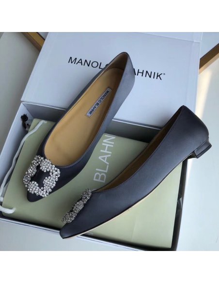 Cheap Reps Manolo Blahnik Hangisi Flats In Navy Satin with Crystal Buckle