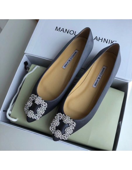 Cheap Reps Manolo Blahnik Hangisi Flats In Navy Satin with Crystal Buckle