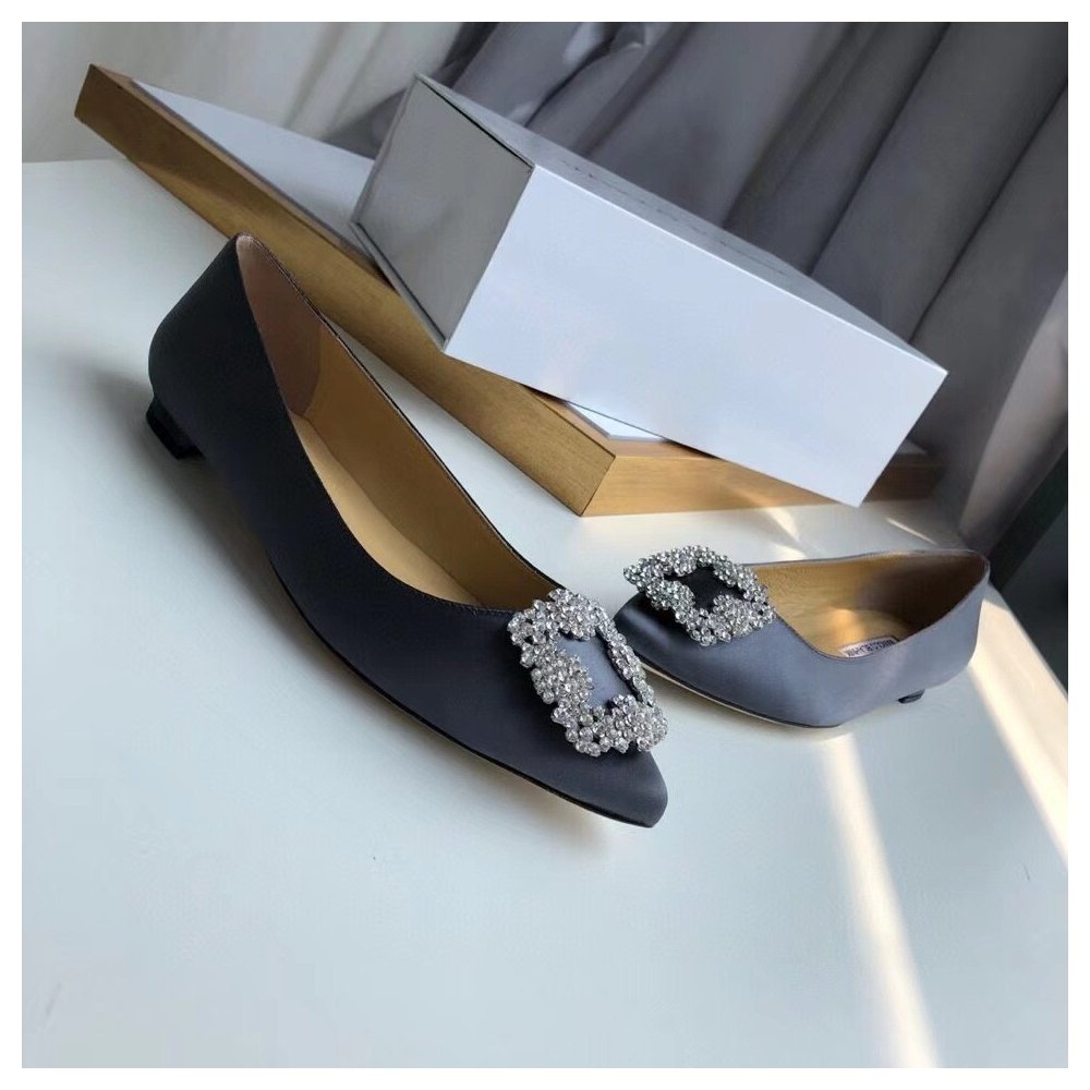 Cheap Reps Manolo Blahnik Hangisi Flats In Navy Satin with Crystal Buckle