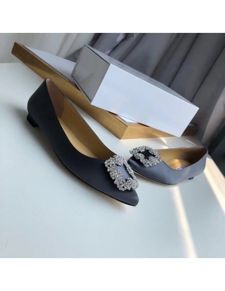 Cheap Reps Manolo Blahnik Hangisi Flats In Navy Satin with Crystal Buckle