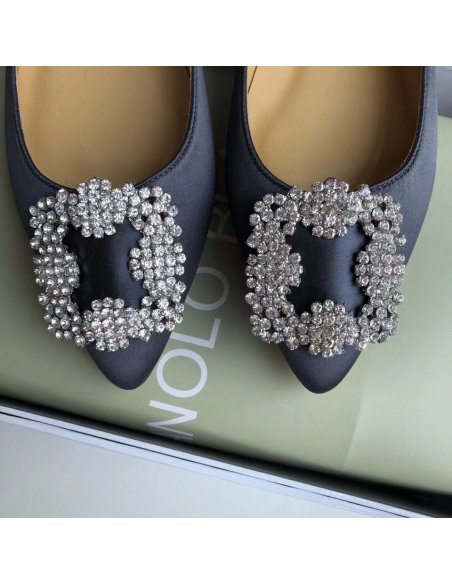 Cheap Reps Manolo Blahnik Hangisi Flats In Navy Satin with Crystal Buckle