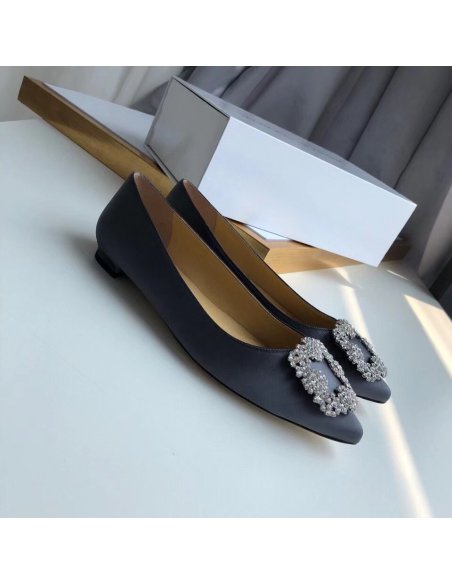 Cheap Reps Manolo Blahnik Hangisi Flats In Navy Satin with Crystal Buckle