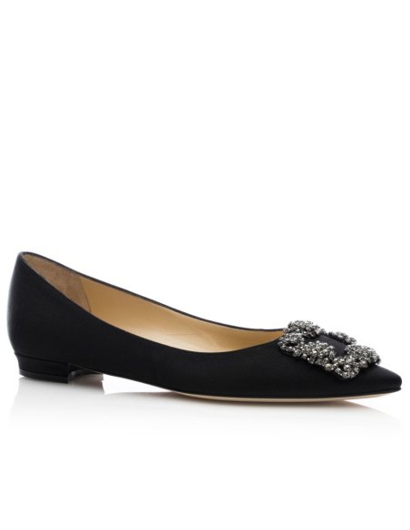 Cheap Reps Manolo Blahnik Hangisi Flats In Black Satin with Crystal Buckle