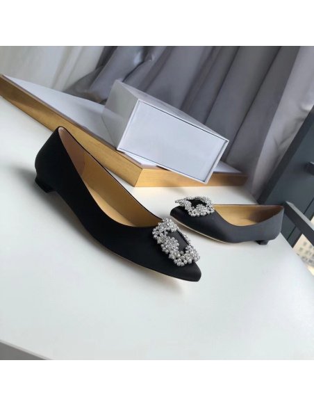 Cheap Reps Manolo Blahnik Hangisi Flats In Black Satin with Crystal Buckle