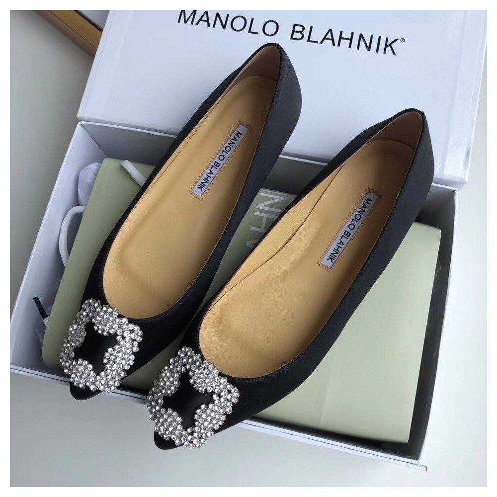 Cheap Reps Manolo Blahnik Hangisi Flats In Black Satin with Crystal Buckle