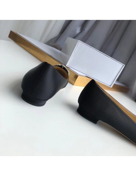 Cheap Reps Manolo Blahnik Hangisi Flats In Black Satin with Crystal Buckle