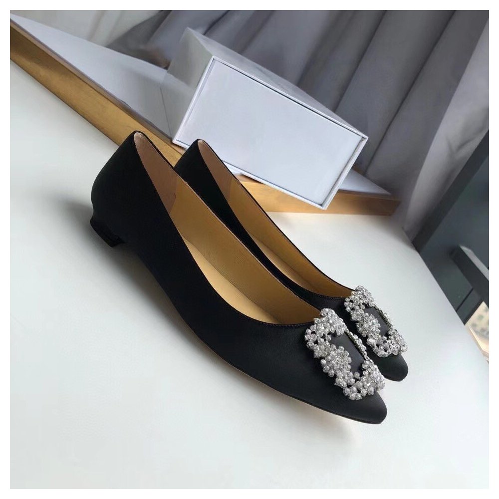 Cheap Reps Manolo Blahnik Hangisi Flats In Black Satin with Crystal Buckle