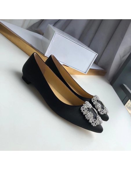 Cheap Reps Manolo Blahnik Hangisi Flats In Black Satin with Crystal Buckle