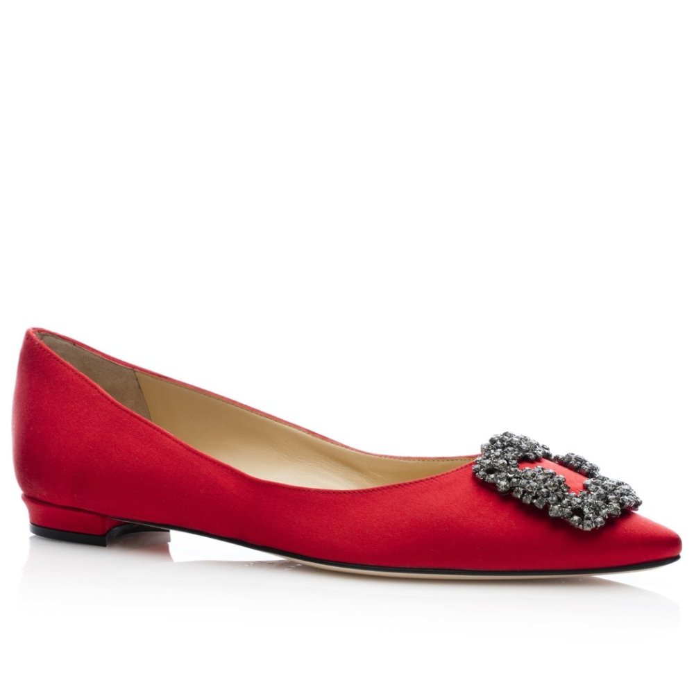 Cheap Reps Manolo Blahnik Hangisi Flats In Red Satin with Crystal Buckle