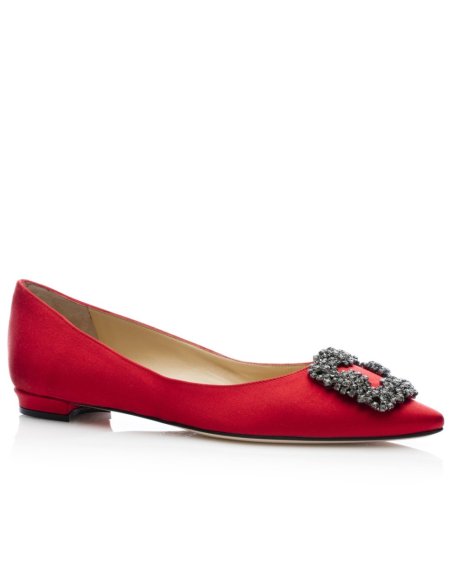 Cheap Reps Manolo Blahnik Hangisi Flats In Red Satin with Crystal Buckle