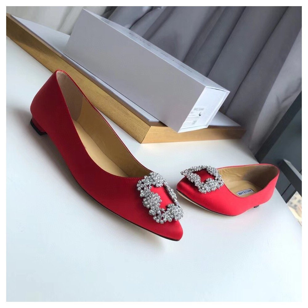 Cheap Reps Manolo Blahnik Hangisi Flats In Red Satin with Crystal Buckle