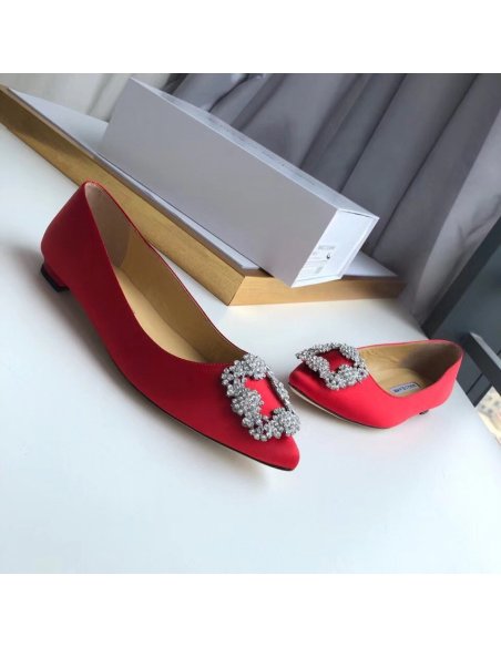 Cheap Reps Manolo Blahnik Hangisi Flats In Red Satin with Crystal Buckle