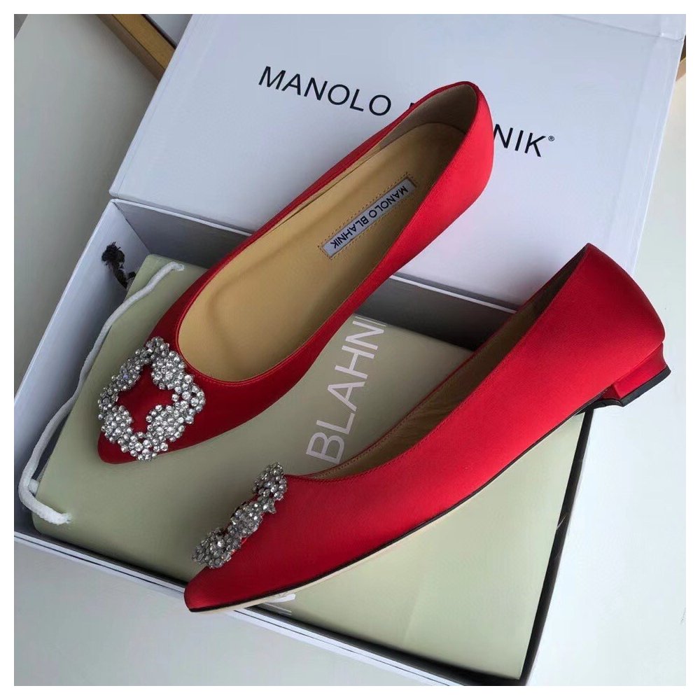 Cheap Reps Manolo Blahnik Hangisi Flats In Red Satin with Crystal Buckle