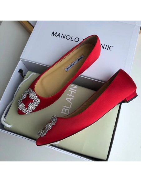Cheap Reps Manolo Blahnik Hangisi Flats In Red Satin with Crystal Buckle