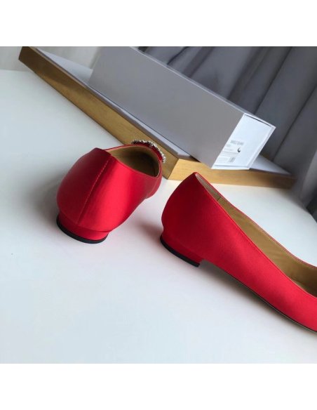 Cheap Reps Manolo Blahnik Hangisi Flats In Red Satin with Crystal Buckle