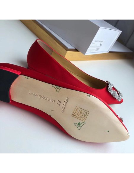 Cheap Reps Manolo Blahnik Hangisi Flats In Red Satin with Crystal Buckle