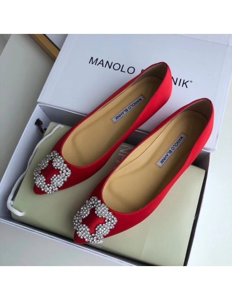 Cheap Reps Manolo Blahnik Hangisi Flats In Red Satin with Crystal Buckle