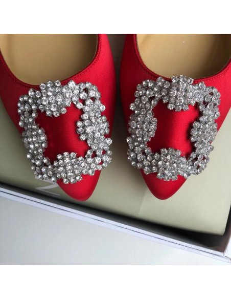 Cheap Reps Manolo Blahnik Hangisi Flats In Red Satin with Crystal Buckle