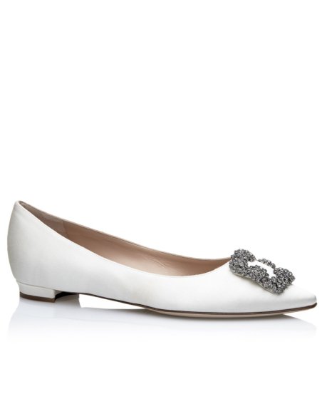 Cheap Reps Manolo Blahnik Hangisi Flats In White Satin with Crystal Buckle