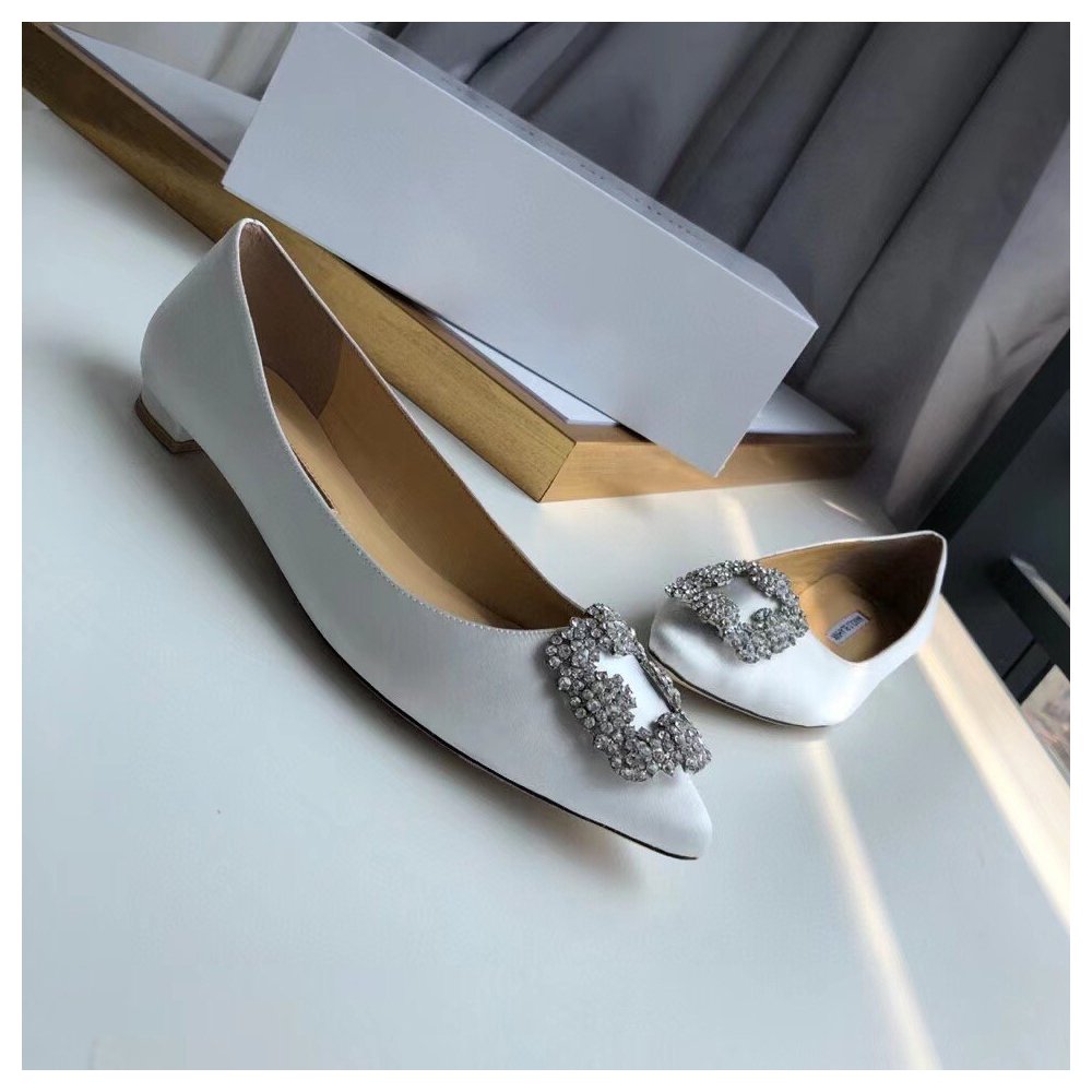 Cheap Reps Manolo Blahnik Hangisi Flats In White Satin with Crystal Buckle
