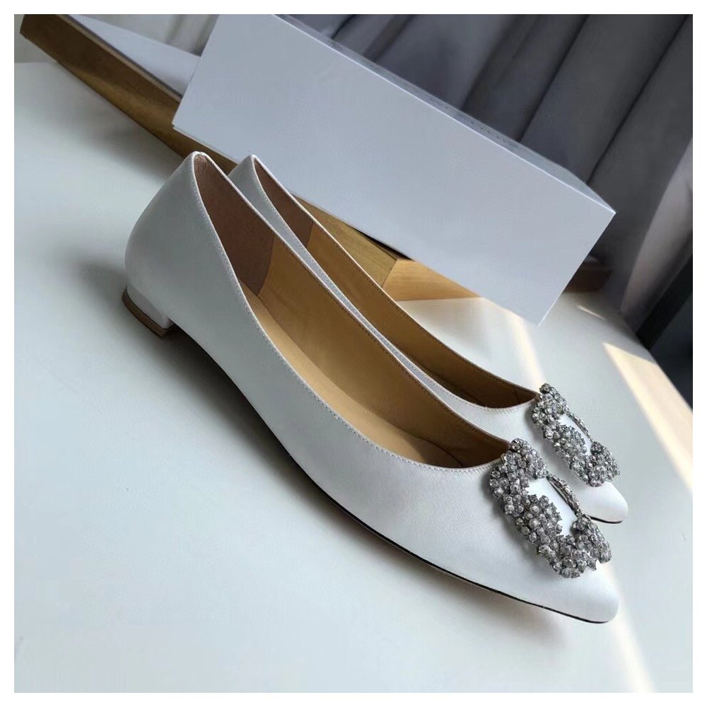Cheap Reps Manolo Blahnik Hangisi Flats In White Satin with Crystal Buckle