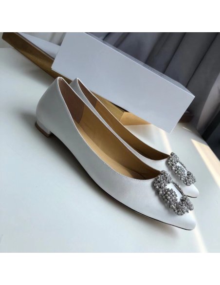 Cheap Reps Manolo Blahnik Hangisi Flats In White Satin with Crystal Buckle