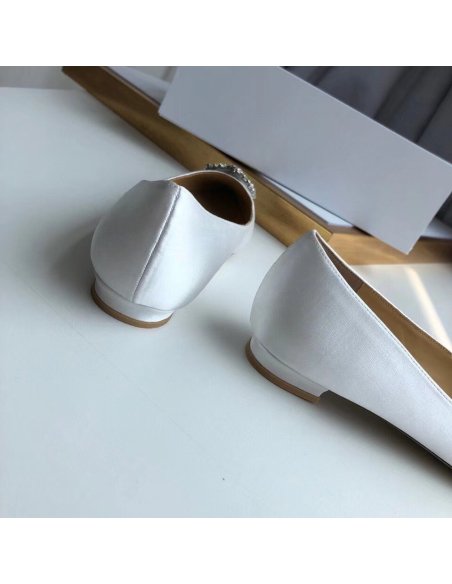 Cheap Reps Manolo Blahnik Hangisi Flats In White Satin with Crystal Buckle