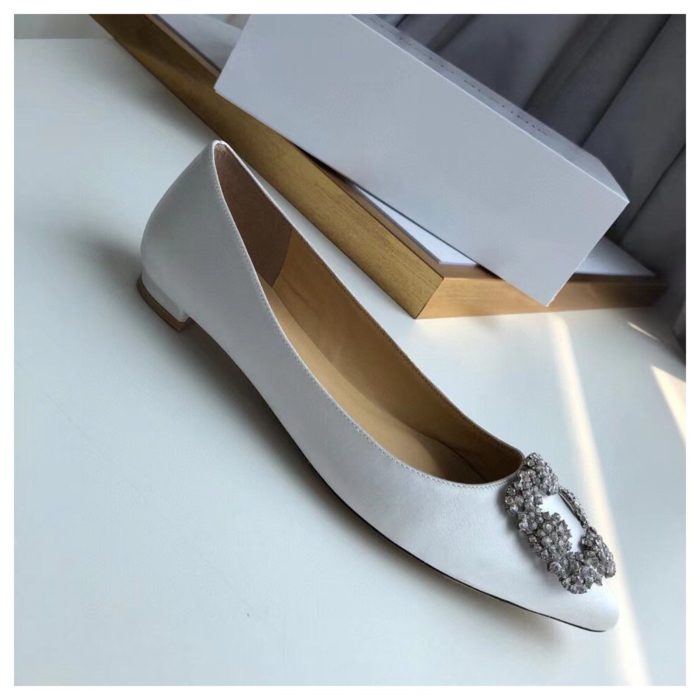 Cheap Reps Manolo Blahnik Hangisi Flats In White Satin with Crystal Buckle