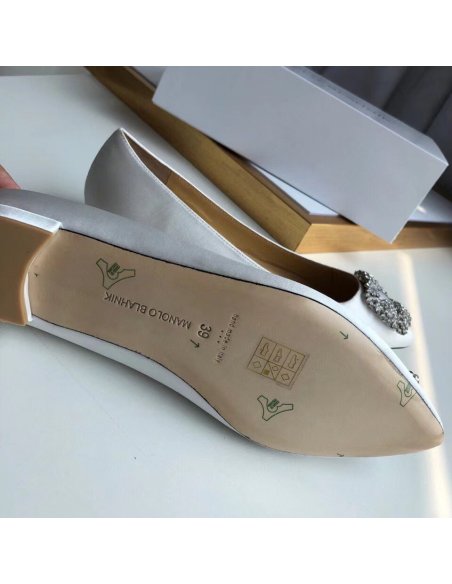 Cheap Reps Manolo Blahnik Hangisi Flats In White Satin with Crystal Buckle