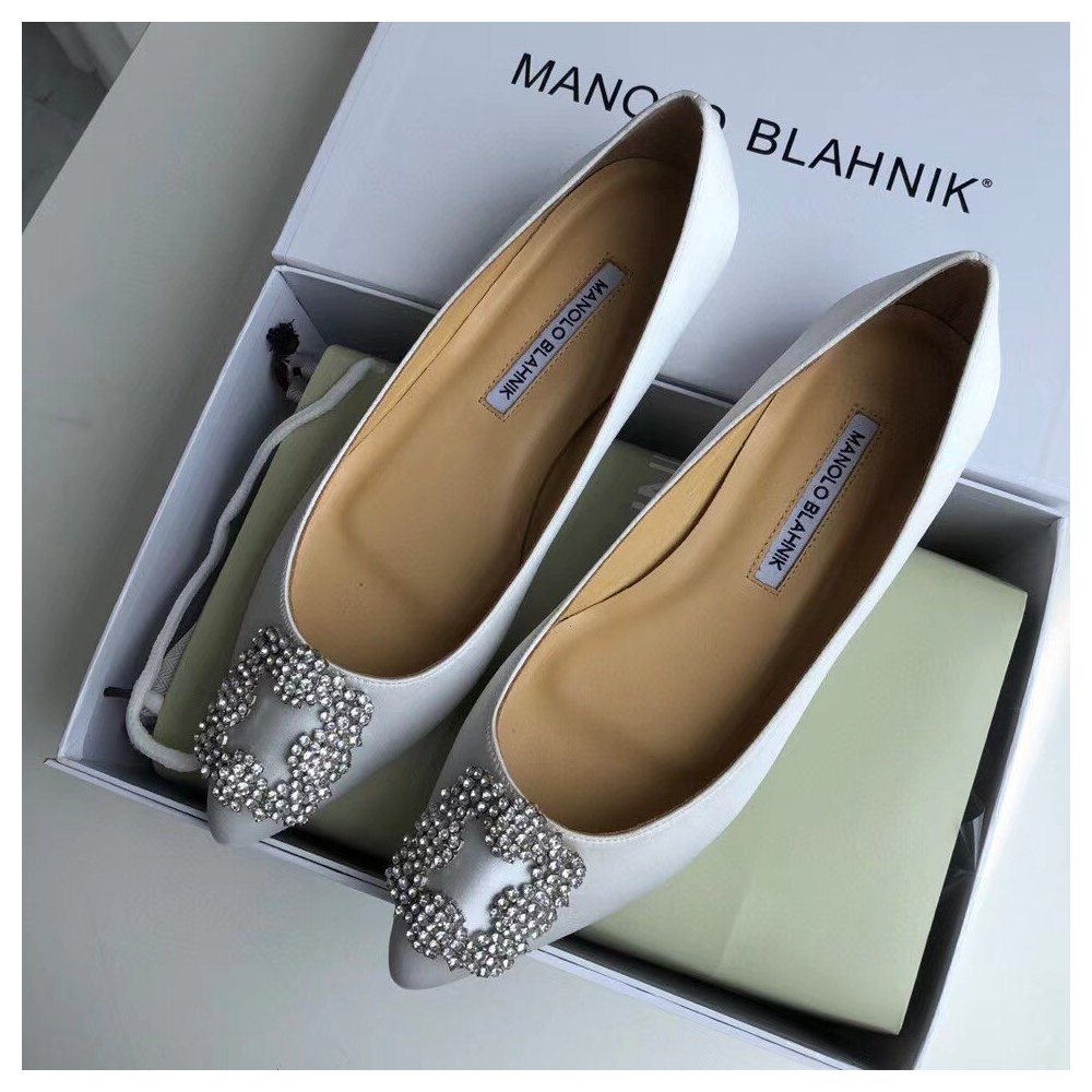 Cheap Reps Manolo Blahnik Hangisi Flats In White Satin with Crystal Buckle
