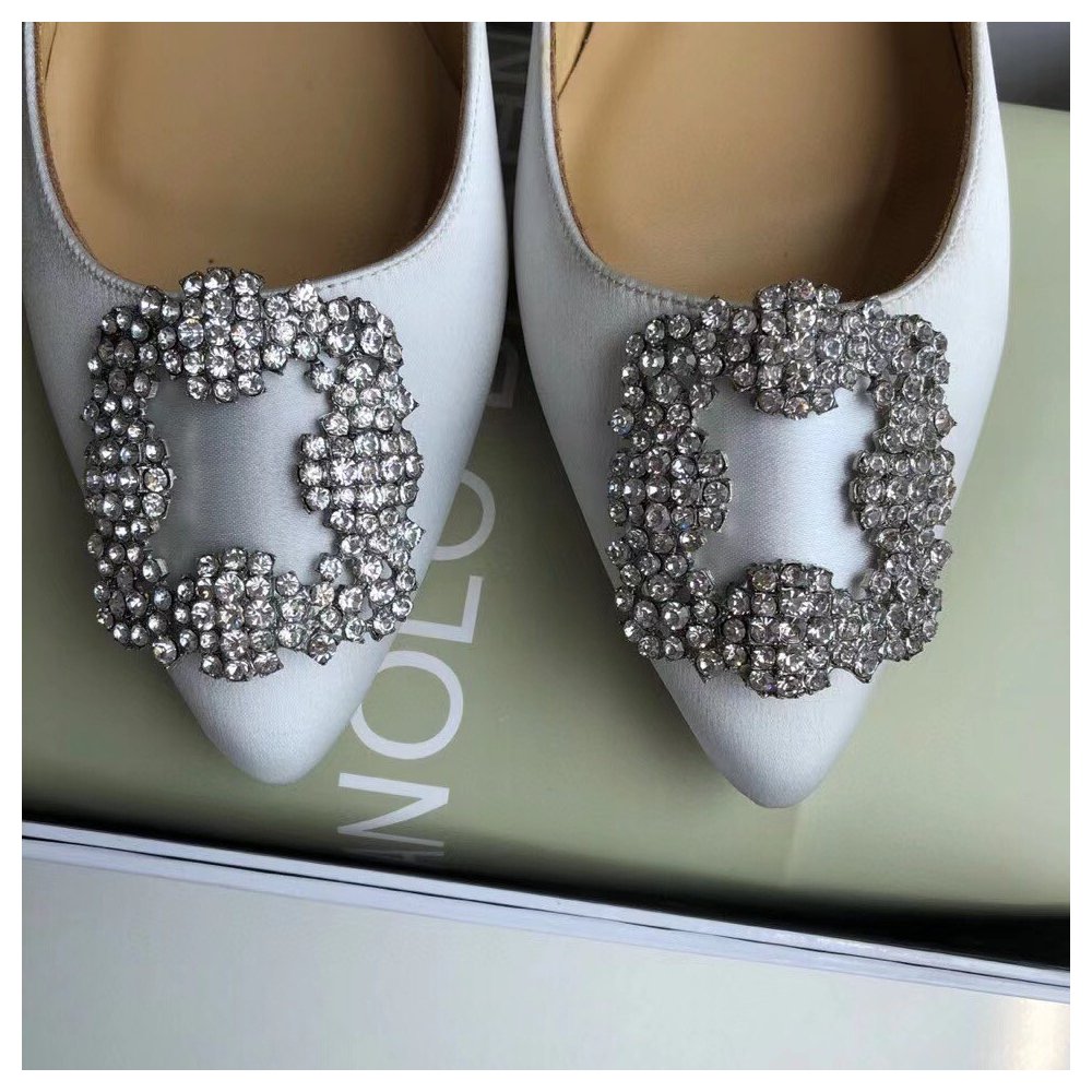 Cheap Reps Manolo Blahnik Hangisi Flats In White Satin with Crystal Buckle