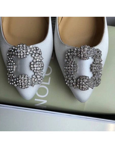 Cheap Reps Manolo Blahnik Hangisi Flats In White Satin with Crystal Buckle
