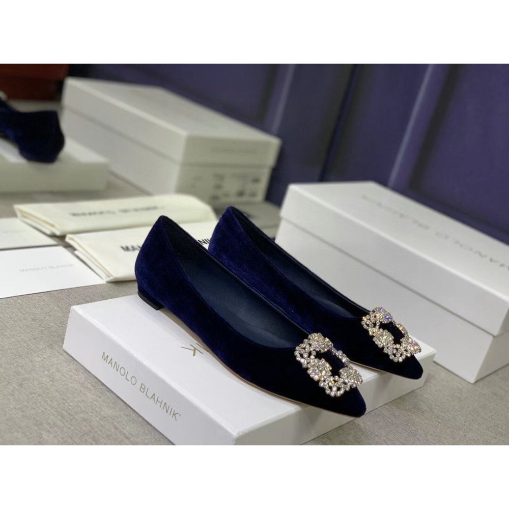 Cheap Reps Manolo Blahnik Hangisi Flats In Blue Velvet with Crystal Buckle