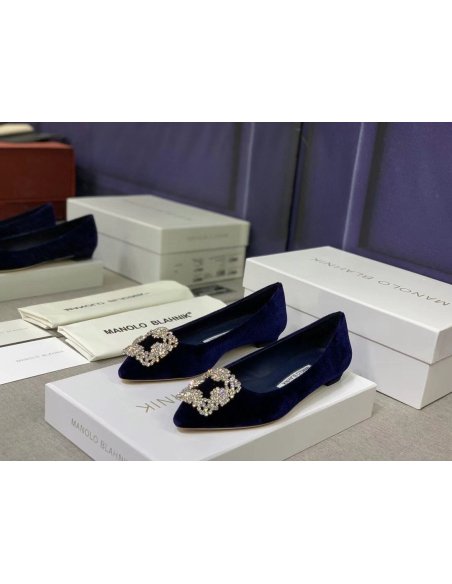 Cheap Reps Manolo Blahnik Hangisi Flats In Blue Velvet with Crystal Buckle