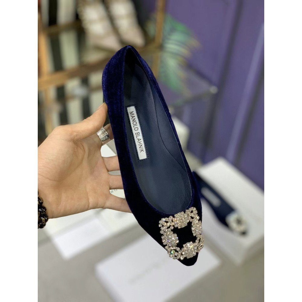 Cheap Reps Manolo Blahnik Hangisi Flats In Blue Velvet with Crystal Buckle