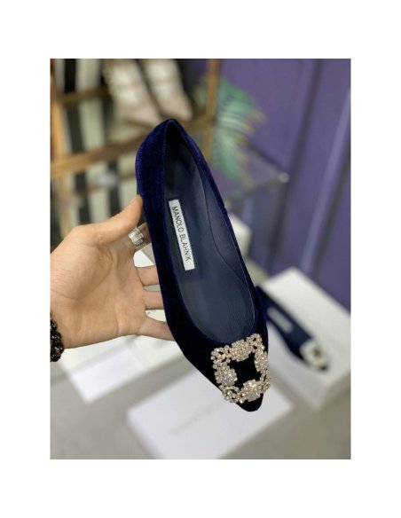 Cheap Reps Manolo Blahnik Hangisi Flats In Blue Velvet with Crystal Buckle