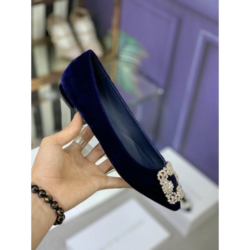 Cheap Reps Manolo Blahnik Hangisi Flats In Blue Velvet with Crystal Buckle