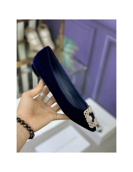 Cheap Reps Manolo Blahnik Hangisi Flats In Blue Velvet with Crystal Buckle