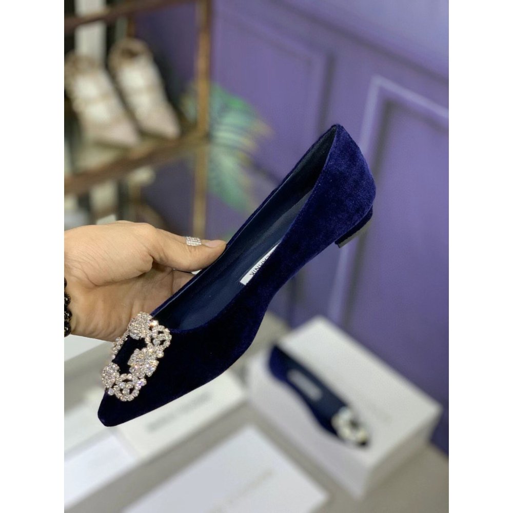 Cheap Reps Manolo Blahnik Hangisi Flats In Blue Velvet with Crystal Buckle