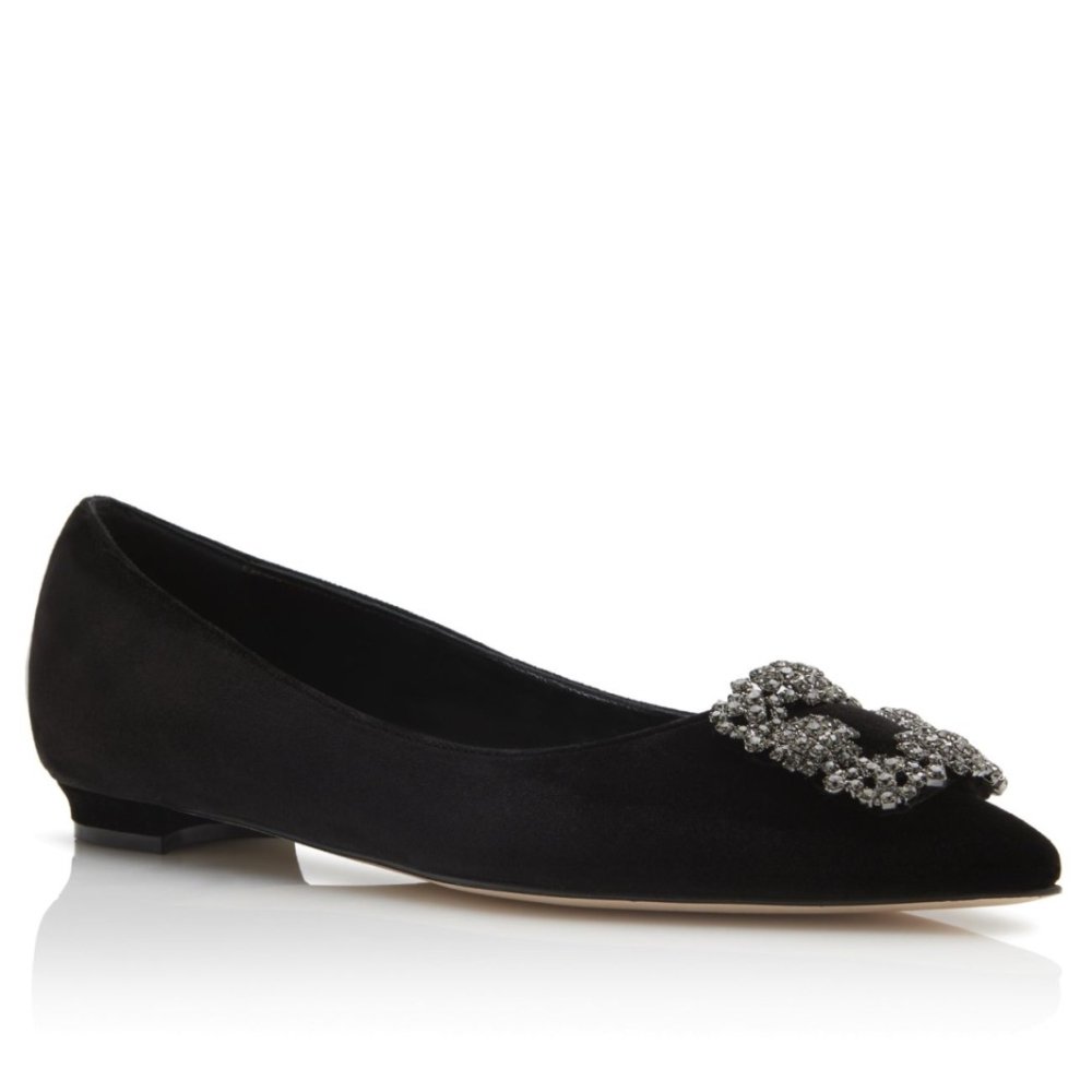 Cheap Reps Manolo Blahnik Hangisi Flats In Black Velvet with Crystal Buckle