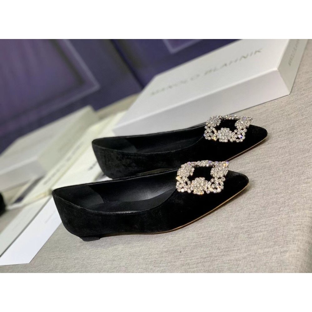 Cheap Reps Manolo Blahnik Hangisi Flats In Black Velvet with Crystal Buckle