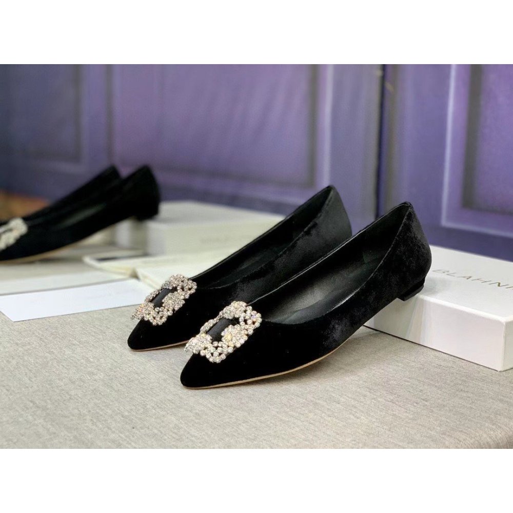 Cheap Reps Manolo Blahnik Hangisi Flats In Black Velvet with Crystal Buckle