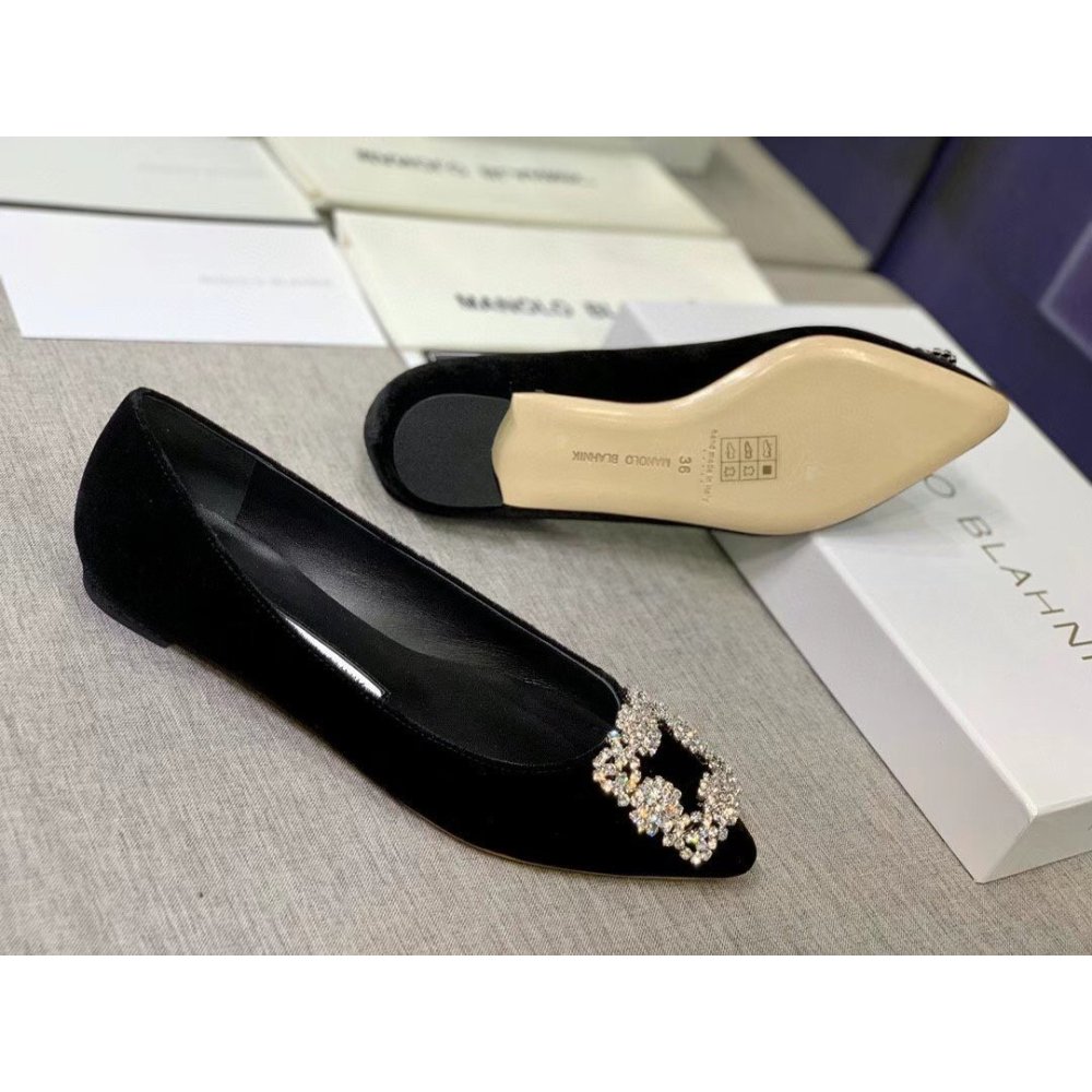 Cheap Reps Manolo Blahnik Hangisi Flats In Black Velvet with Crystal Buckle