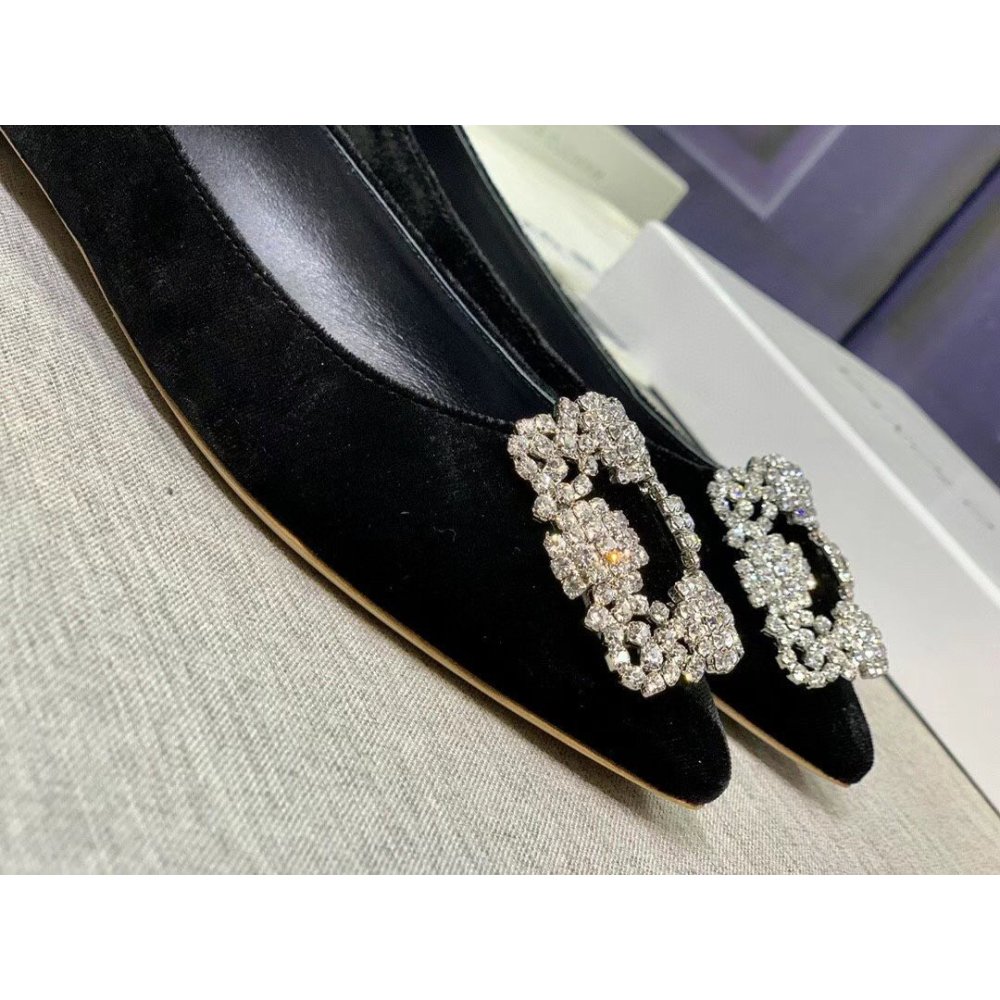 Cheap Reps Manolo Blahnik Hangisi Flats In Black Velvet with Crystal Buckle